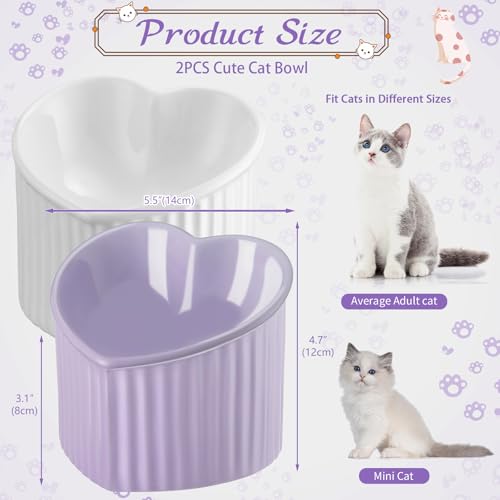 Mumufy 2 Pcs Ceramic Elevated Cat Bowls Tilted Elevated Raised Pet Bowls Anti Vomit Cat Dish for Indoor Stress Free Water Dish Feeder for Puppies, Heart Shaped(White, Purple) - color: White, Purple