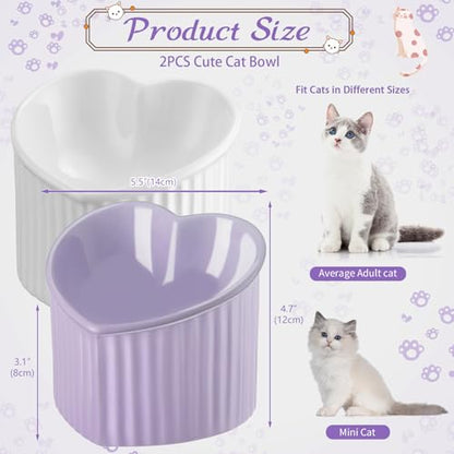 Mumufy 2 Pcs Ceramic Elevated Cat Bowls Tilted Elevated Raised Pet Bowls Anti Vomit Cat Dish for Indoor Stress Free Water Dish Feeder for Puppies, Heart Shaped(White, Purple) - color: White, Purple