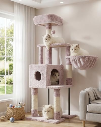 Heybly Cat Tree, 49.2 Inches Cat Tower for Indoor Cats, Spacious Cat House Condo with Hidden Space，Sturdy Steel Tube，Soft Plush Top Perch，Cozy Hammock and Sisal Scratching Posts, Muchroom HCT200SMU - color: Muchroom, size: 49.2 inch