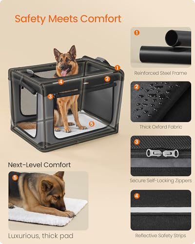 Feandrea Collapsible Dog Crate, 42-Inch Portable Dog Travel Crate for Large Dogs, Oxford Fabric Pet Carrier with 4 Mesh Doors, Handles, Storage Pocket, Water Bottle Holder, Ink Black UPDC021B01 - size: XXL（42"L x 28"W x 28"H）