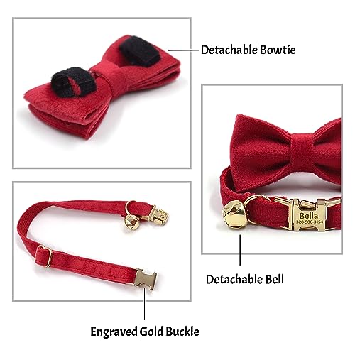 Personalized Cat Collar with Custom Name Plate, Customize Engraved Gold Metal Buckle, Adjustable Velvet Tough Nylon Cat ID Tag Collars with Bell
