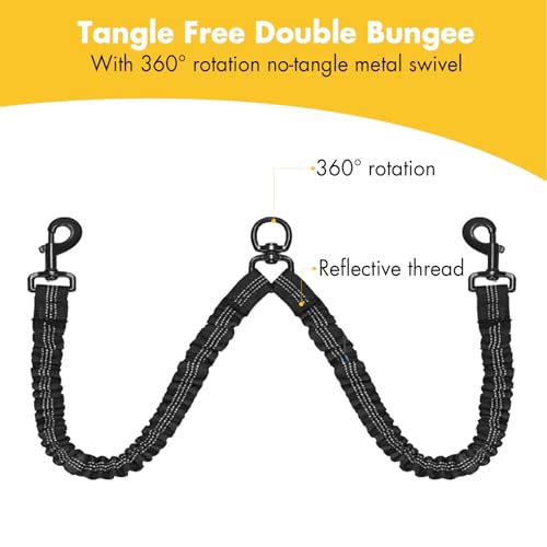 BAOBOTE Pet Double Dog Leash, Shock Absorbing Reflective Bungee Lead Walk 2 Dogs with Ease, 360° Swivel No Tangle Double Dog Walking & Training Leash, Dual Dog Leashs for 6-120lbs Dogs (Black) - color: Black