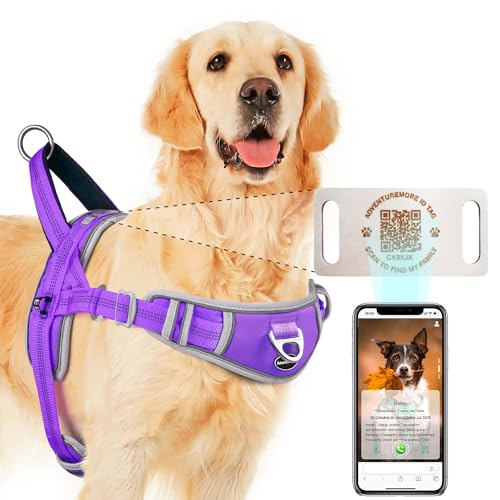 Medium Dog Harness - No Pull, Reflective, Escape Proof with QR Code Dog Tag, Adjustable Front Clip Handle for Training & Walking - M Purple - color: Purple - QR Code, size: Medium