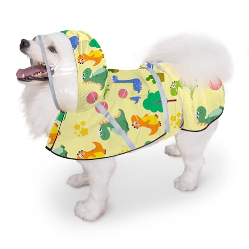 Dog Raincoat, Adjustable Rain Jacket with Hooded Double Layer for Large Medium Small Dogs Puppies, Lightweight Waterproof Rain Coat Poncho with Reflective Stripe Dinosaurs Yellow,S - color: Dino Yellow, size: Small