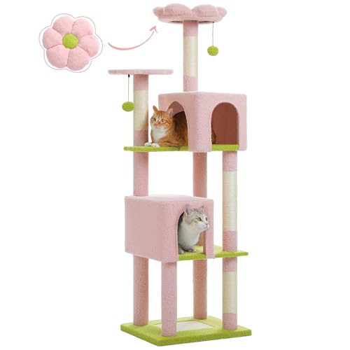 62" Flower Cat Tree for Indoor Cats, Multi-Level Tall Cat Tower with 2 Spacious Condos, Scratching Pad, 4 Cat Scratching Posts, 2 Top Perches, 2 Pompoms, Pink - color: Pink, size: 62 Inches