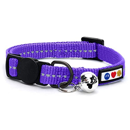 Pawtitas Recycled Purple Reflective Cat Collar – Eco-Friendly Breakaway Safety Buckle, Adjustable Kitten & Adult Collar with Removable Bell and High-Visibility Strap - color: Recycled Purple