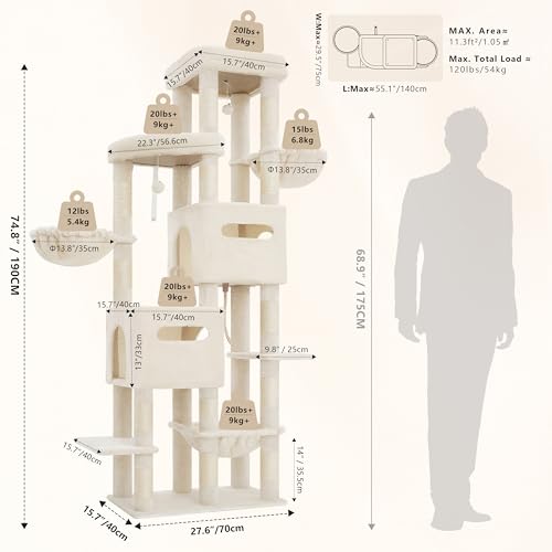 Heybly Cat Tree, 74.8-Inch Spacious & Tall Cat Tower for Large Cats, Cat Furniture with Large Top Perch, Solid Base, 2 Cat Condos, Hanging Hammock, Durable Sisal Scratching Posts, Beige HCT062M - color: Beige