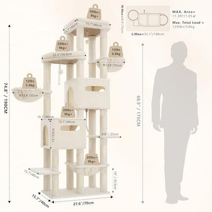 Heybly Cat Tree, 74.8-Inch Spacious & Tall Cat Tower for Large Cats, Cat Furniture with Large Top Perch, Solid Base, 2 Cat Condos, Hanging Hammock, Durable Sisal Scratching Posts, Beige HCT062M - color: Beige