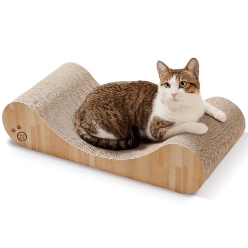 Necoichi Cardboard Cat Scratcher Bed for Indoor Cats - Cat Scratching Board, Horizontal Cat Scratch Pad Lounger with Reversible Usability and Extra Comfort for Lounge, Curved (23" Large, Oak) - color: Oak, size: Large