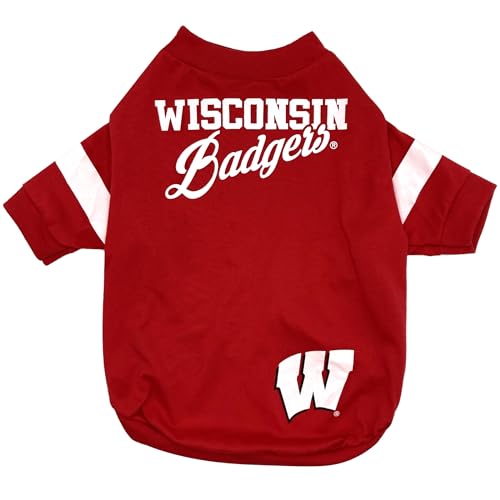 Pets First NCAA Wisconsin Badgers T-Shirt for Dogs & Cats. Size Small. Football/BASKTBALL Dog Shirt for College NCAA Team Fans. NEW & Updated Fashionable Stripe Design - color: Wisconsin Badgers, size: Small