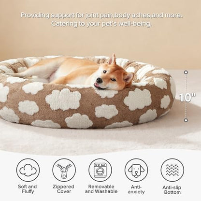 JOEJOY Donut Large Dog Bed, Cute Round Calming Dog Bed with Removable Washable Cover, Orthopedic Pet Beds with Jacquard Shaggy Plush & Non Skid Bottom, Black - color: Brown, size: L (36x36x10)