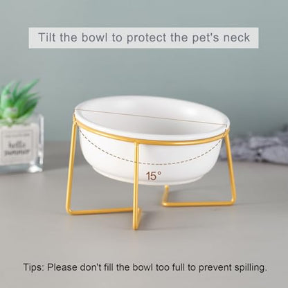 White Small Ceramic Tilted Elevated Cat Dog Bowl Raised Cat Food Water Bowl Dish Pet Comfort Feeding Bowls with Gold Iron Stand - color: White, size: Small