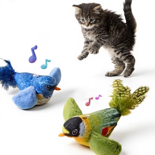 2-pack catnip cat toys that stimulate indoor cats' natural hunting instincts,Interactive plush bird toy with realistic chirping sounds to tease your cat (Green artificial bird + blue artificial bird) - color: Green artificial bird + blue artificial bird