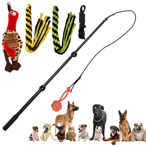 Upgraded Interactive Dog Toys - Extendable Flirt Pole Teaser Wand with Braided Rope Chewing Tugs and Squeaky Plush Chase Toy for Dog Puppy Outdoor Entertainment, Train and Exercise - color: Black-102