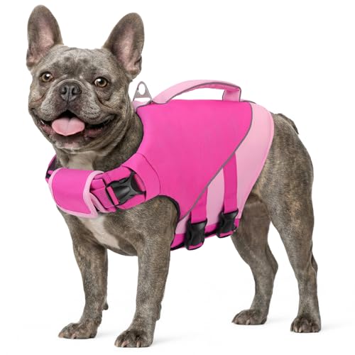 Queenmore Dog Life Jacket, Dog Life Vest for Swimming Boating, Pet Swim Vest for Medium Dogs, Ripstop High Visible Water Vests with Strong Rescue Handle, Pink M - color: Pink, size: Medium