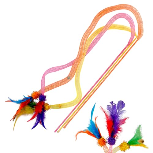 Cat Wand Toy 3 Pack for Cats and Kittens, Feather Wand Cat Teaser with Mesh Tube, Bell and Pom Pom, Interactive Fishing Pole Toy for Indoor Cats