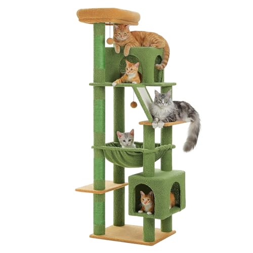 MUTTROS 71” Cactus Cat Tree for Large Cats, Extra Stable Tall Cat Tower with Oversized Hammock, 2 Condos, Sisal Scratching Posts, Vertical Multi-Level Cat Tree for Indoor Multi-Cat Homes - color: Cactus Green, size: 71inch