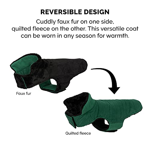Furhaven Reversible XS Dog Coat, Washable & Insulating w/ Leash Access - Faux Fur & Quilted Fleece Flex-Fit Jacket - Black/Green, Extra Small - color: Black/Green, size: X-Small