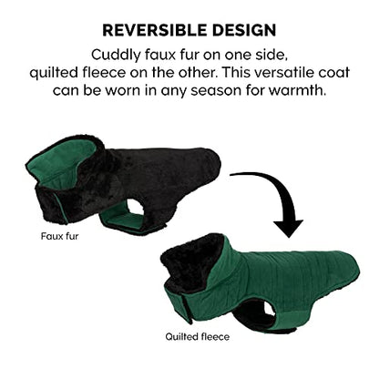 Furhaven Reversible XS Dog Coat, Washable & Insulating w/ Leash Access - Faux Fur & Quilted Fleece Flex-Fit Jacket - Black/Green, Extra Small - color: Black/Green, size: X-Small