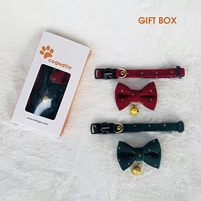 Safety Quick Release Cat Collars, Soft Kitten Collars with Detachable Bow Tie and Bell, Pack of 2, Adjustable 20-30 cm (20-30cm, Wine Red+Xmas Green) - color: Wine Red+Xmas Green