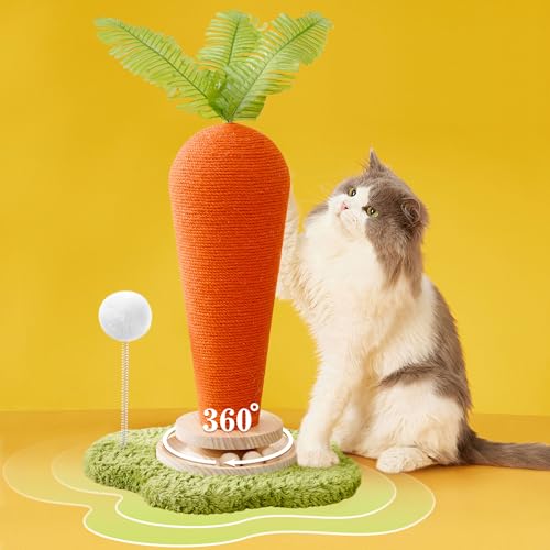 Cute Cat Scratching Post, Carrot Cat Scratcher Post with Durable Natural Wooden Turntable Toy and Catnip, 24'‘ H Carrot Shape Design Sisal Cat Tree Sisal Scratcher for Indoor Cats (Cloud Base) - color: Carrot