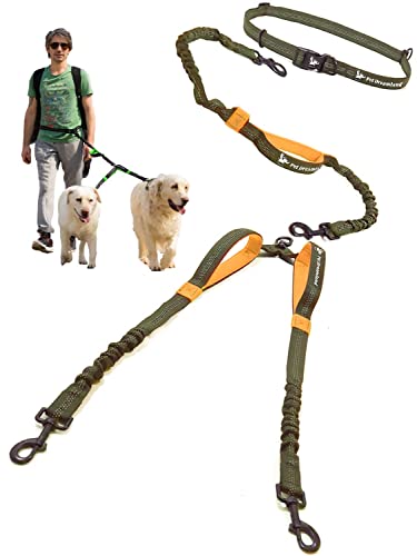 Exquisite Hands Free Double Dog Leash for Two Dogs with Tangle-Free Swivel. Premium Quality & Versatile for Running. You Will Absolutely Love This Amazing Waist Leash (Khaki & Orange) - color: Khaki & Orange