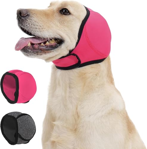 Dog Calming Hoodie Quiet Ear Cover for Noise Protection Anxiety Relief Ear Muffs, No Shake Ear Wraps for Dogs, Waterproof Swim Cap Bath Blow Dry Headband Wraps for Ear Hematoma Groom Fireworks(L,pink) - color: ROSE RED, size: Large(Head Circle:18"-24")