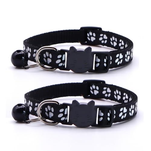 Reflective Cat Collars Breakaway with Bell 2-Pack Girl Boy Pet Kitten Collar with Star Moon Patetrn Adjustable 7.5-12.5 Inch (Black) - color: Black