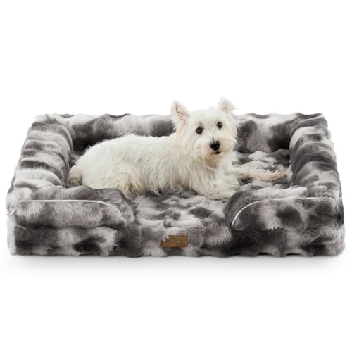 COZY KISS Orthopedic Dog Bed for Large Medium Size Dog, Soft and Warm Faux Fur Sofa for Pet Up to 75 lbs, Foam Bolster Anti-Slip Couch with Washable Removable Cover, L 36x27x6.5 inch, Tie Dye Grey - color: Tie-dye Grey, size: 36x27x6.5 inch