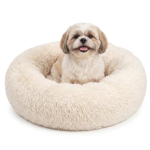 Calming Donut Dogs Beds for Small Dogs Washable,23inch Plush Round Pet Bed for Cozy Sleep,Fluffy Faux Fur Large Cat Bed,Fits up to 25 lbs Pets,Beige - color: Beige, size: 23 inches