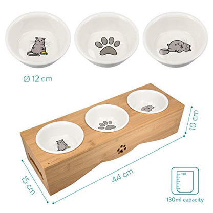 Navaris Cat Bowls with Stand - Elevated Triple Feeder for Cats - Ceramic Pet Bowl Dishes 3-Pcs Set with Printed Designs and Raised Bamboo Wood Holder