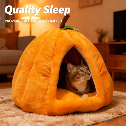 Cat Bed for Indoor Cats - Adorable Cozy Pumpkin Cat Cave with Removable Cushion, Super Soft Pet House Tent for Kittens & Small Pets, Warm & Washable Non-Slip Design(M 17.7 inch Grey) - style: Pumpkin-Grey