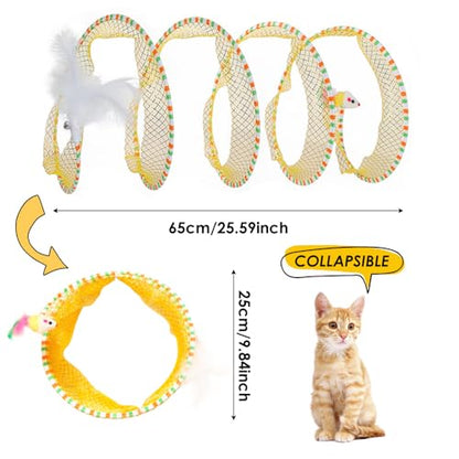 Spiral Tunnel Cat Toy, 25.59 Inches Unfolded with Cat Wand Self Play Collapsible, Hunting Spiral Tunnel with Feather Mouse Toys and Bell for Indoor Kitten Play Chase Exercise (Blue) - color: Blue+Pink