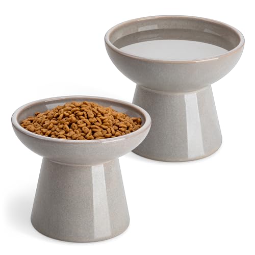vancasso Ceramic Elevated Cat Bowls 2-Pack - 6.2" Extra Wide Raised Cat Food & Water Dishes, 5.1" Optimal Height Anti-Whisker Fatigue Shallow Bowls for Cats/Kittens/Dogs, Lead & Cadmium Free (Grey) - color: Grey