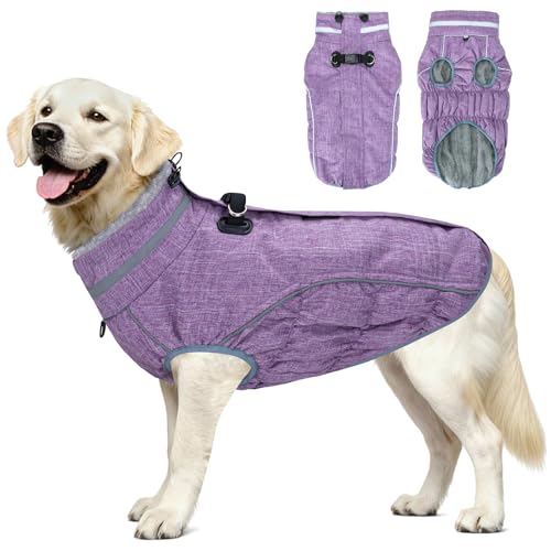 Dog Coat, Reflective Dog Jacket Waterproof Windproof Puppy Cold Weather Coats with Harness Built in, Winter Extra Warm Pet Coat Fleece Vest for Small Large Pets and Puppy (Purple, Medium)