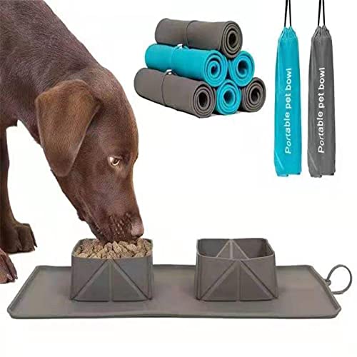 Collapsible Dog Bowl, Silicone Double Pet Cat Bowl Mat, Folding Puppy Food Water Bowls, Portable Dog Bowl for Home Travel Hiking,Blue