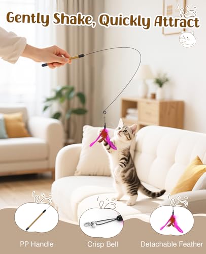 Pawaboo Feather Teaser Cat Toy, Interactive Feather Wand Cats Toy Flying Feathers Cat Catcher with Extra Long 34.5" Wand and Small Bell, Exerciser Playing Toys for Kitten or Cats, Rose + Red Brown - color: Rose + Red Brown