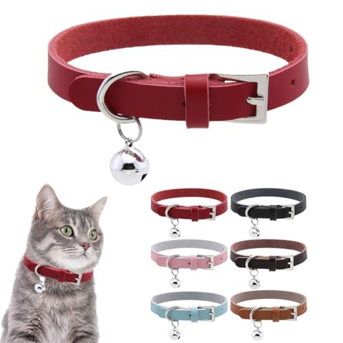 Cat Collar with Bell,Genuine Leather Puppy Collar with Bells Boys Girls Female Small Dog Collar with Bells for XS XSmall Pet Kitten Kitty Animal Yorkie Chihuahua,Red XS - color: Red, size: XS(Neck 6.5-9)