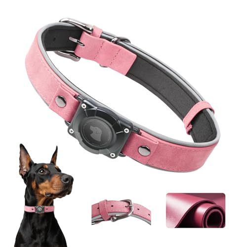 Leather AirTag Dog Collar - IPX8 Waterproof Dog Collar with AirTag Holder|Reflective, High - End, Adjustable Soft Padded |Dog GPS Collar Tracker Fit for Medium Large Dogs (Pink, XL) - color: PINK, size: XL (17.3"-23.6")