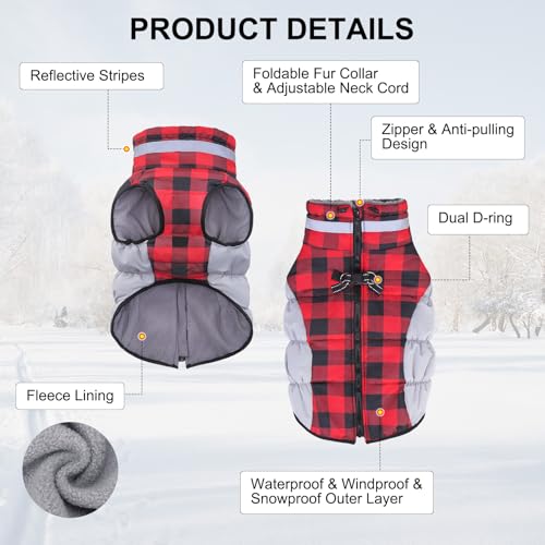 BEAUTYZOO Dog Winter Coat with Harness Built in, Reflective Plaid Puffer Vest Waterproof for Large Dogs, Fleece Warm Puppy Zipped Jacket with D Ring, Pet Cold Weather Sweater Clothes, Red L - color: Red Buffalo, size: Large