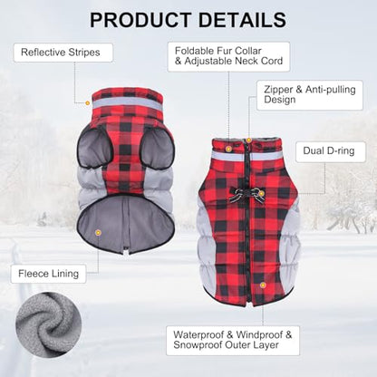 BEAUTYZOO Dog Winter Coat with Harness Built in, Reflective Plaid Puffer Vest Waterproof for Large Dogs, Fleece Warm Puppy Zipped Jacket with D Ring, Pet Cold Weather Sweater Clothes, Red L - color: Red Buffalo, size: Large