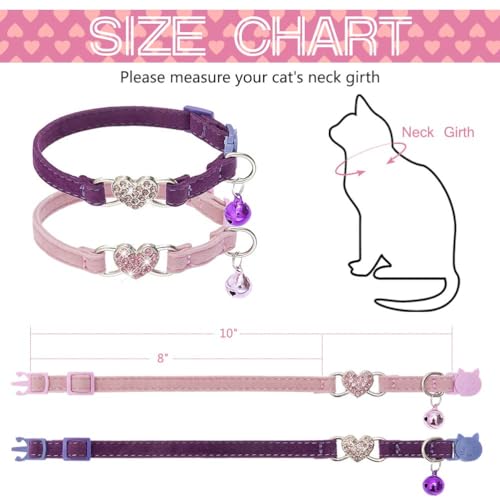 BINGPET Cat Collar Breakaway with Bell, Pack of 2 Heart Bling Collar Safety with Soft Velvet Adjustable for Kittens - color: Heart (Pink + Purple)-2pcs