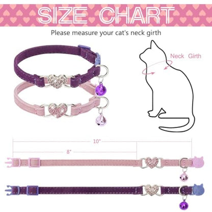 BINGPET Cat Collar Breakaway with Bell, Pack of 2 Heart Bling Collar Safety with Soft Velvet Adjustable for Kittens - color: Heart (Pink + Purple)-2pcs
