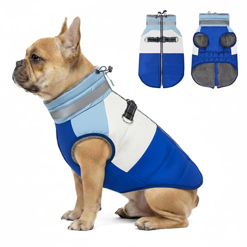 Dog Jacket for Small Dogs Waterproof Dog Coat with Reflective Strips and Harness Built in Warm Fleece Dogs Winter Coat Windproof with Back Zipper, Blue L - color: Blue, size: Large