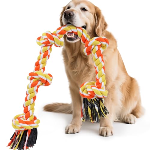 SZEE Dog Rope Toy for Large Dogs, 37 Inch 5 Knots, Halloween Pet Toys for Large Breeds, Tug of War Rope, for Energy Release & Boredom Relief (Yellow & Orange) - color: Orange, size: Large