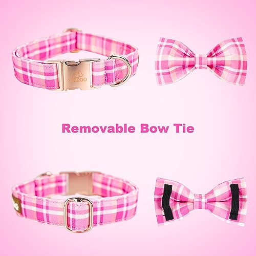 Tunkoo Dog Collar Super Cute Pink Plaid with Bow Tie - Durable Adjustable and Stylish Cotton Pet Collar for Girls Small Medium Large, M - color: Pink Collar, size: Medium