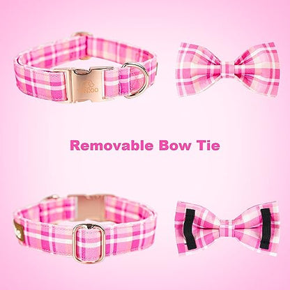 Tunkoo Dog Collar Super Cute Pink Plaid with Bow Tie - Durable Adjustable and Stylish Cotton Pet Collar for Girls Small Medium Large, M - color: Pink Collar, size: Medium