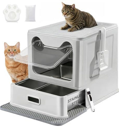Stainless Steel Litter Box with Lid and Pull-Out Drawers, XL Metal Litter Box Top Entry for Big Cats, Leak-Proof Baffles for Easier Cleaning, with Litter Mat & Scoop - size: top entry