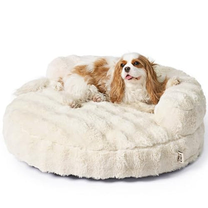 EHEYCIGA Dog Bed Medium Size Dog, Fluffy Small Dog Couch with Removable Washable Cover, Bolster Pet Sofa, Waterproof and Non-Slip, 30" x 30"x 8.5", Cream - color: Cream, size: 30"L x 30"W x 8.5"Th