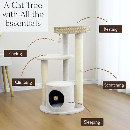 PetPals 4-Level Multi-Activity Cat Tree with Base Condo,Handwoven Paper Rope Top Nest Bed, Replaceable Sisal Scratching Posts,Teaser Toy (Cream and Beige) - color: Cream and Beige